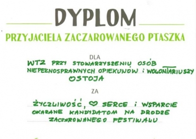 DYPLOM PRZYJACIELA ZACZAROWANEGO PTASZKA DLA WTZ W BRZESKU