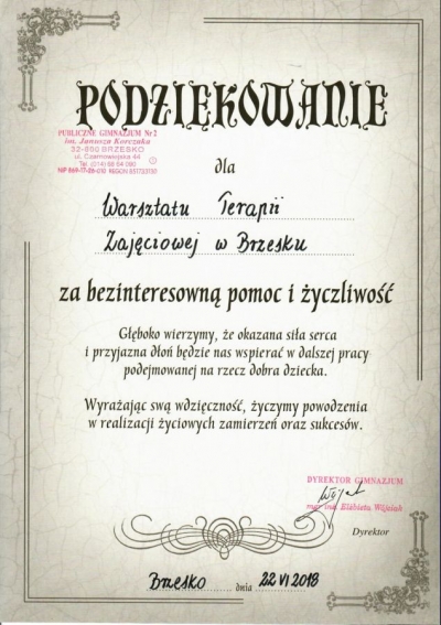 PODZIĘKOWANIA GIMNAZJUM NR 2 W BRZESKU DLA NASZEGO WARSZTATU